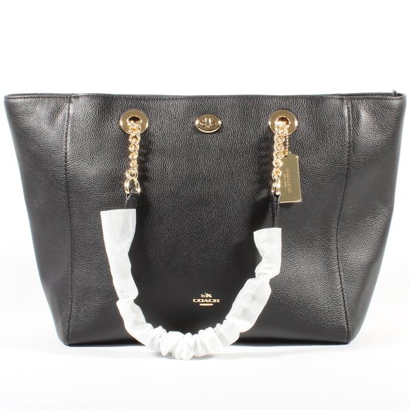 Coach XL Chain Shoulder Bag Black Leather Tote NEW - Picture 2 of 7